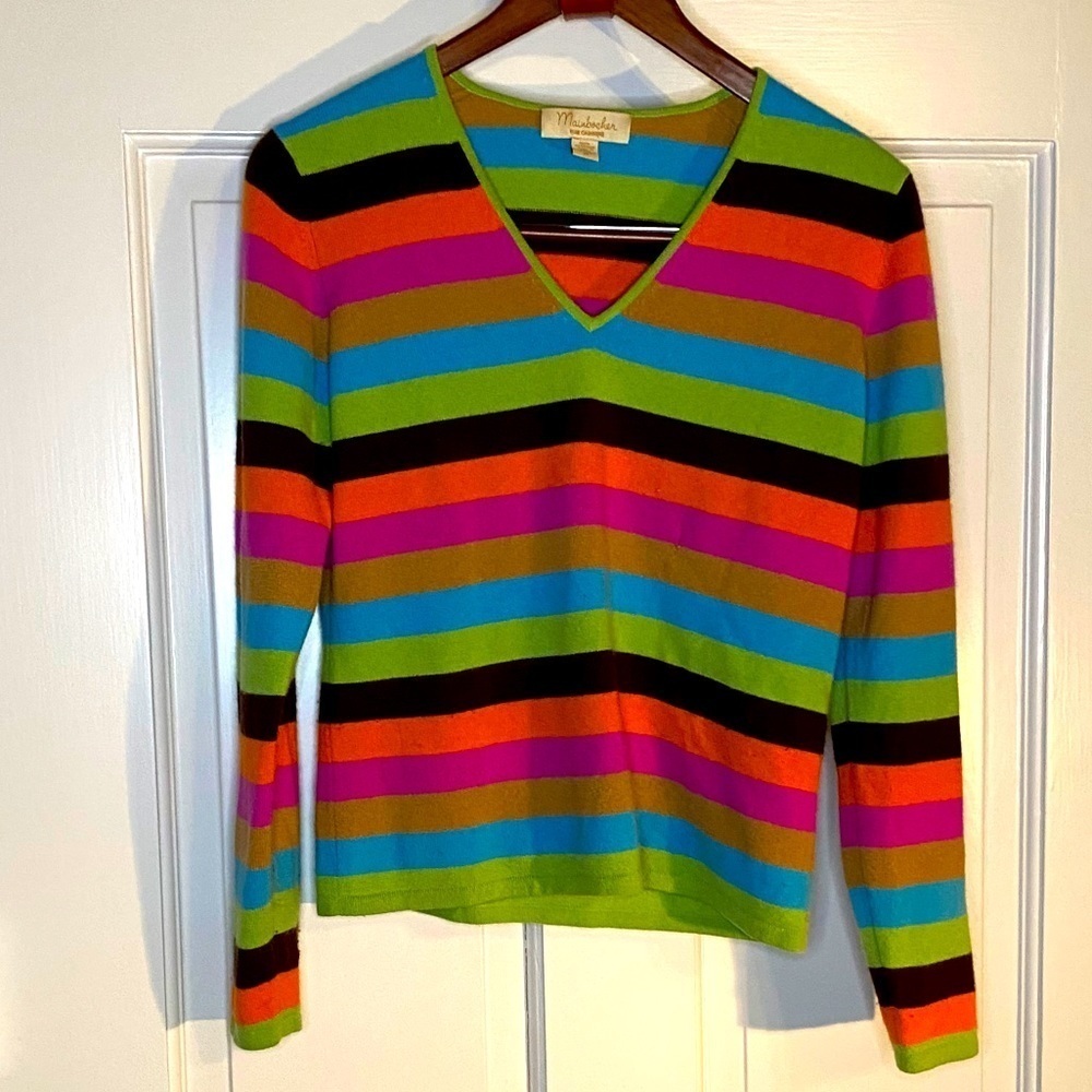 Vintage Mainbocher Cashmere Striped V Neck Sweater Size Medium - Picture 3 of 12